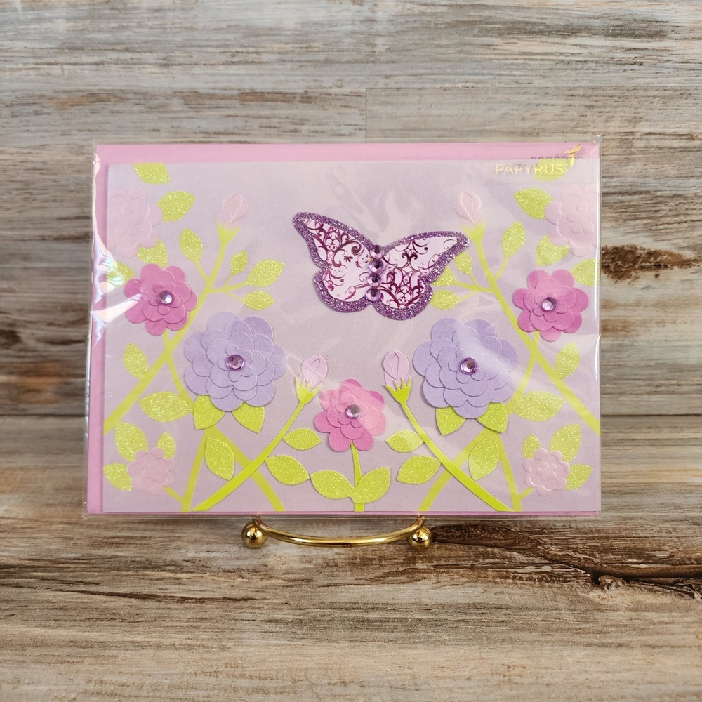 Papyrus Birthday Card Butterfly Flowers Glitter Gems Pink 05086612